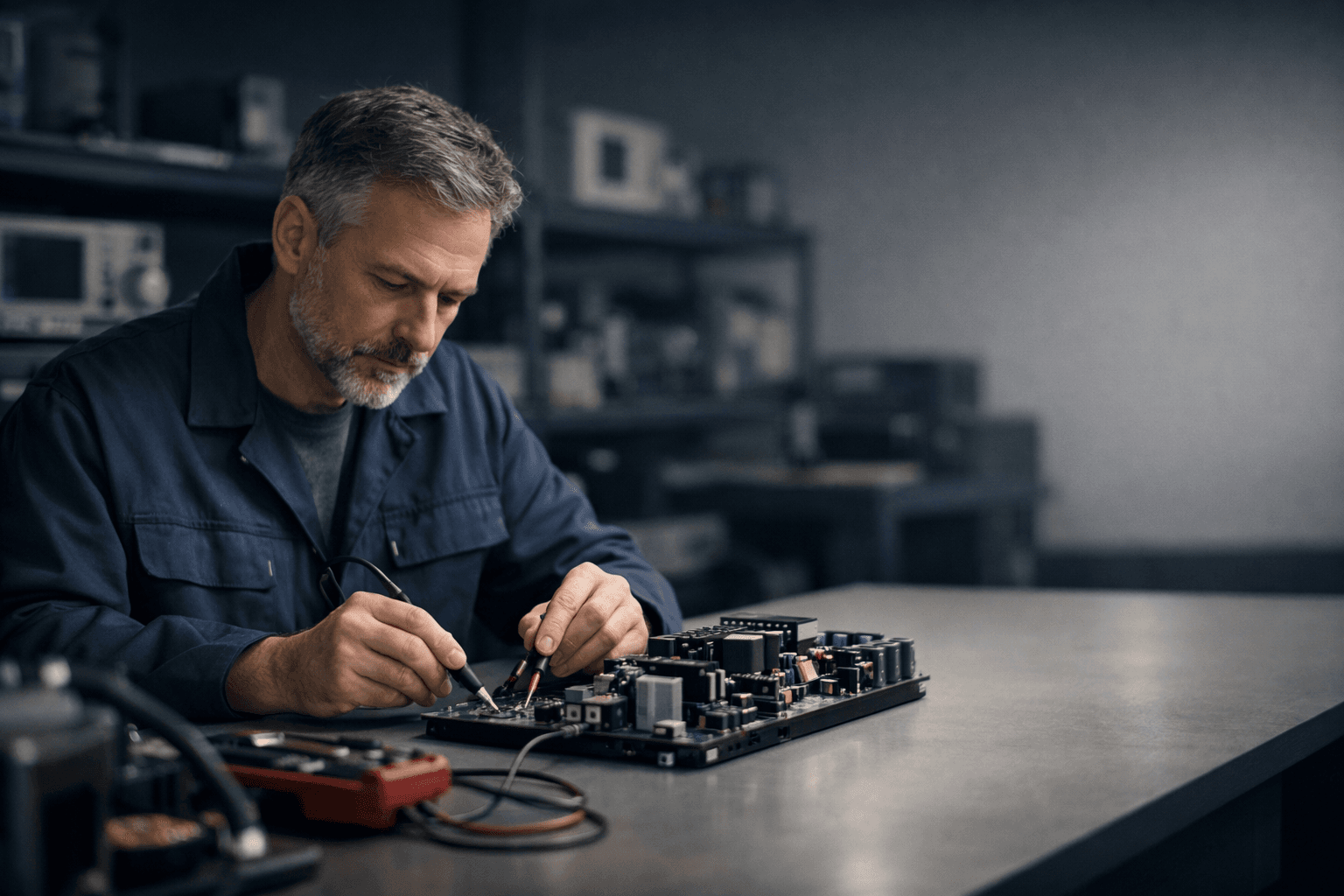 Industrial electronics repair technician performing diagnostics in a professional workshop environment